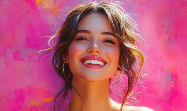 African woman portrait with glowing skin and natural makeup against bright pink studio backdrop