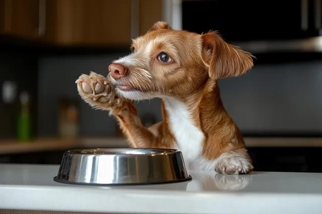 Small brown-and-white dog with a raised paw beside a shiny metal bowl on a kitchen counter, looking to the side.
