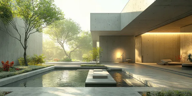 Minimalist concrete courtyard with a reflecting pool and warm light beams creating crisp shadows on surrounding walls.