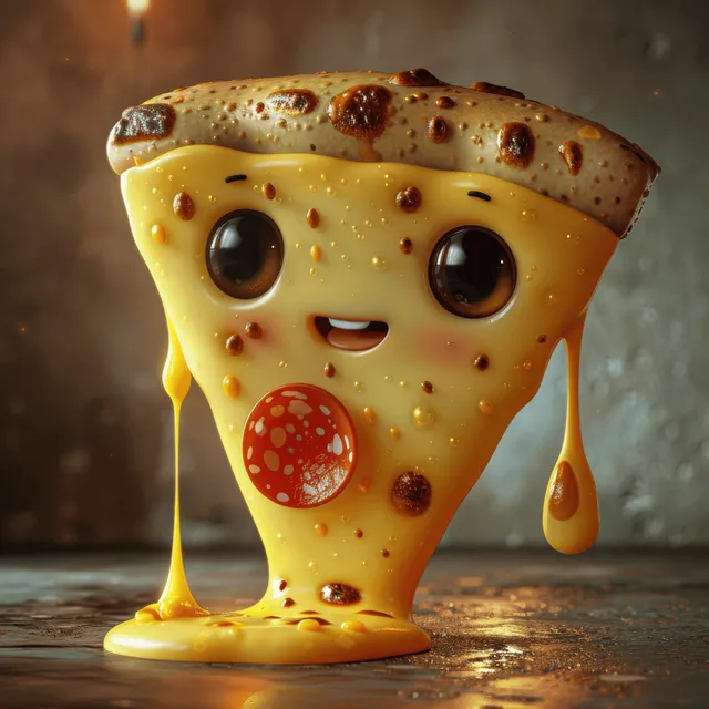 Cheerful 3D cartoon pizza slice with big eyes smiles while mozzarella cheese drips on a rustic tabletop.