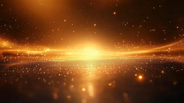 Golden particles shimmer across a glowing light horizon with soft light waves forming a radiant abstract scene.