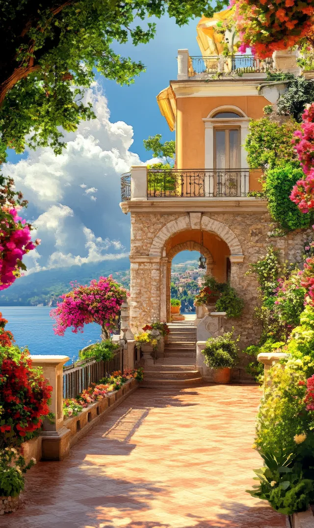 Sunlit garden terrace path beside a stone archway framed by blooming flowers under a blue sky.