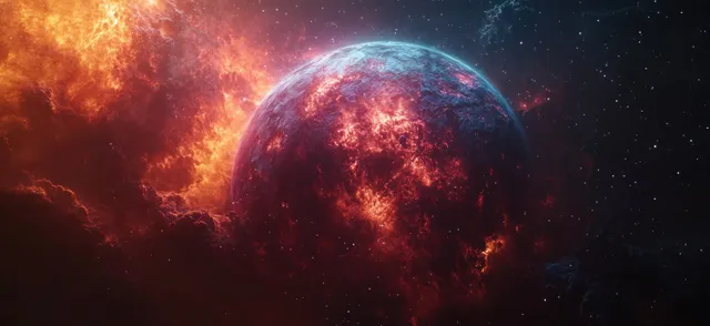 Earth glows in space with illuminated continents, fiery orange nebula clouds, and scattered stars behind it.