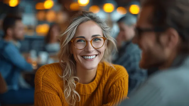 Smiling woman in a yellow sweater with glasses sits at a coffee shop table as blurred people chat behind her.