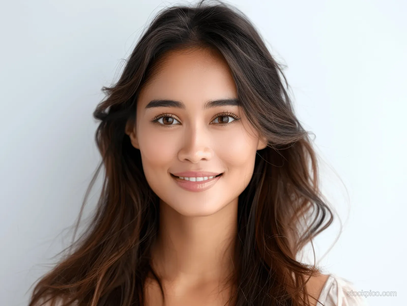 Smiling young Indian woman with clean teeth shown in a close-up portrait isolated on a white background.