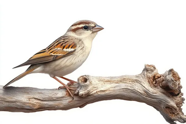 Small Brown and Cream Bird Perched on a Textured Dry Branch on a Clean White Background