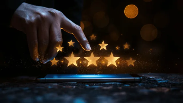 A hand on a dark background taps a tablet displaying glowing five stars for customer satisfaction.