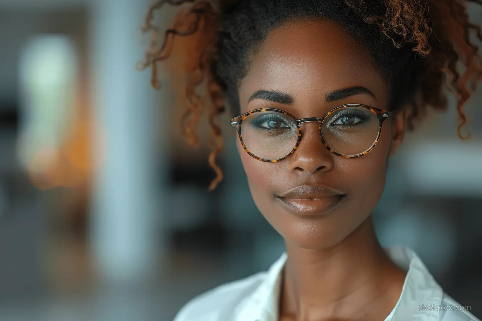 A mature Black businesswoman smiles at the camera in a modern office with glass reflections behind her.