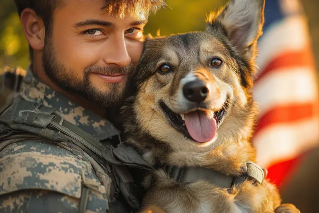 A smiling soldier cuddles a tongue-out dog in front of a softly blurred American flag during sunset.