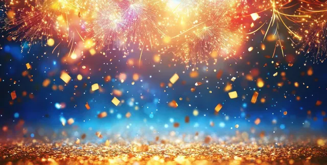 Fireworks and glittering lights fill the night sky while golden confetti falls over a luminous New Year backdrop.