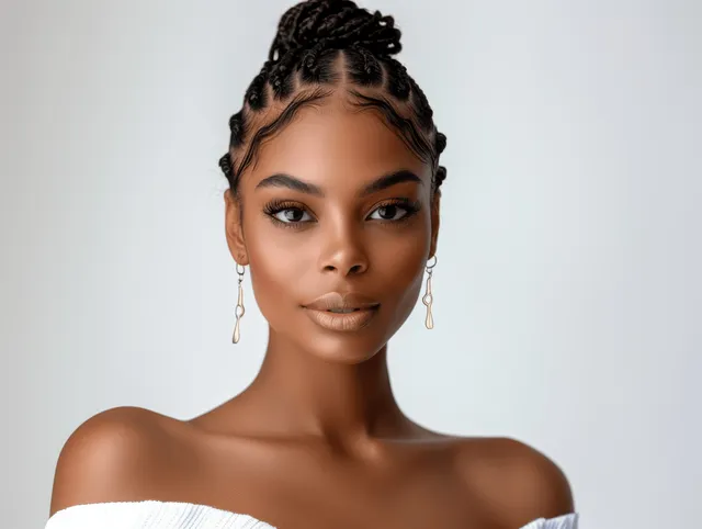 African American woman with braided hair wearing a white off-shoulder dress looks at the camera on a plain white background.