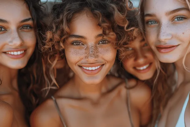 Diverse young women smiling for a beach selfie, heads close together under clear sky