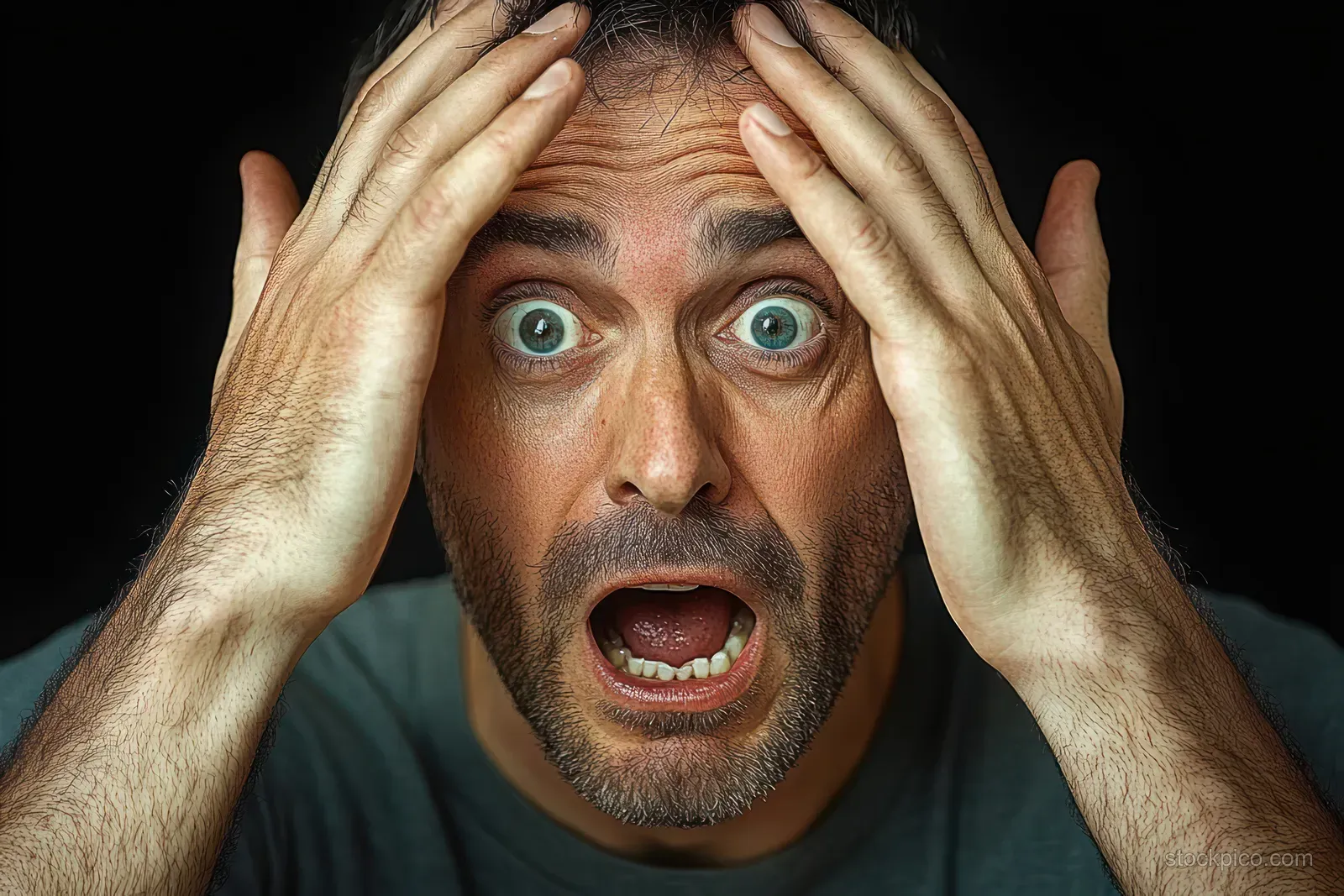 Adult man with wide blue eyes and open mouth holds his head with both hands in shock on a dark background.