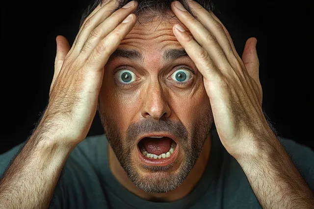 Adult man with wide blue eyes and open mouth holds his head with both hands in shock on a dark background.