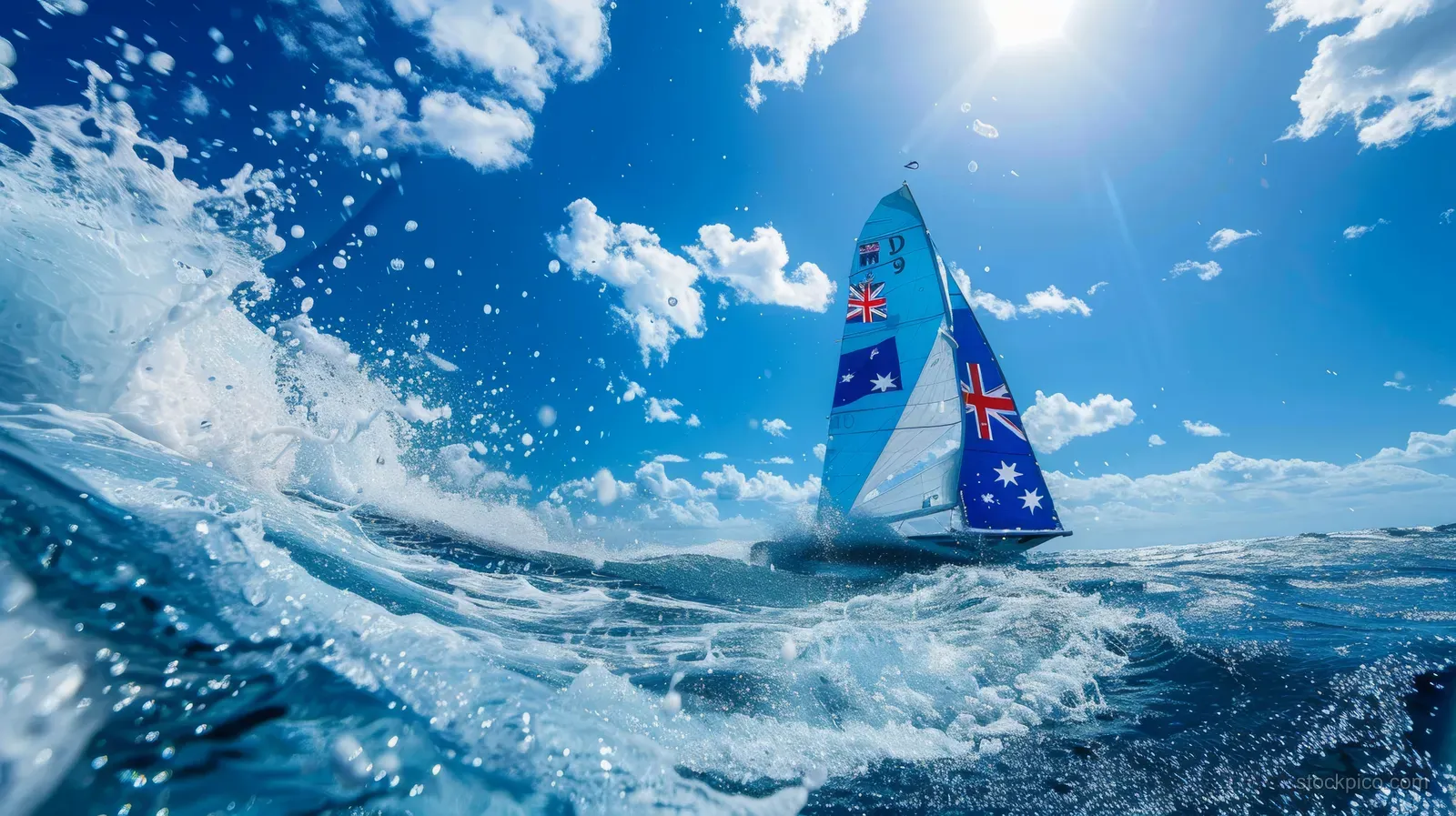 A sailboat races across choppy ocean waves with an Australian flag flying in bright sun.
