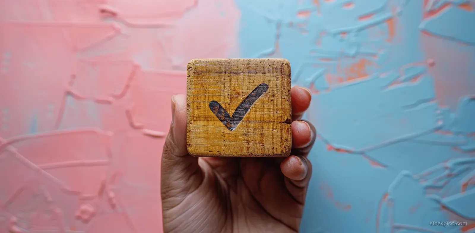 A hand holds a wooden stamp with a checkmark in front of a frosted glass backdrop.
