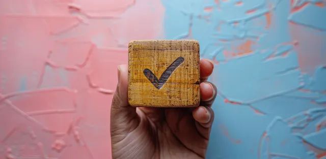 A hand holds a wooden stamp with a checkmark in front of a frosted glass backdrop.