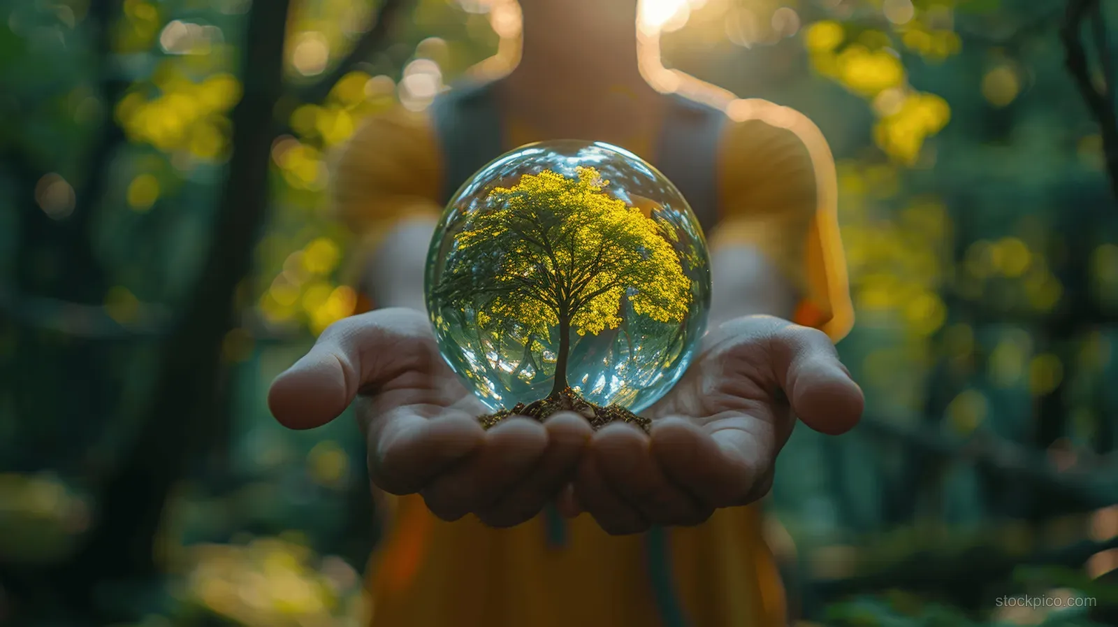 A hand holds a glass sphere with a miniature tree inside, with sunlit forest trees and light rays behind.