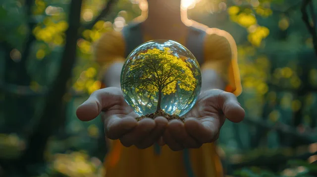 Hand holding glass sphere containing a small tree in a sunlit forest