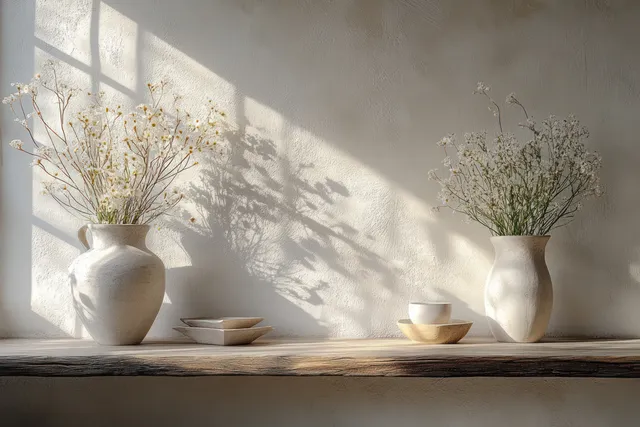 Soft natural window light falls on a white textured wall and a simple shelf with minimal vases and small bowls.