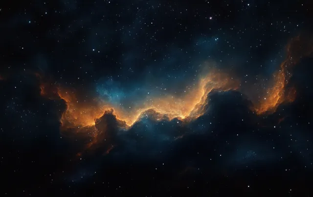 A swirling cosmic nebula with glowing stars and faint distant galaxies stretches across a dark deep-space sky.