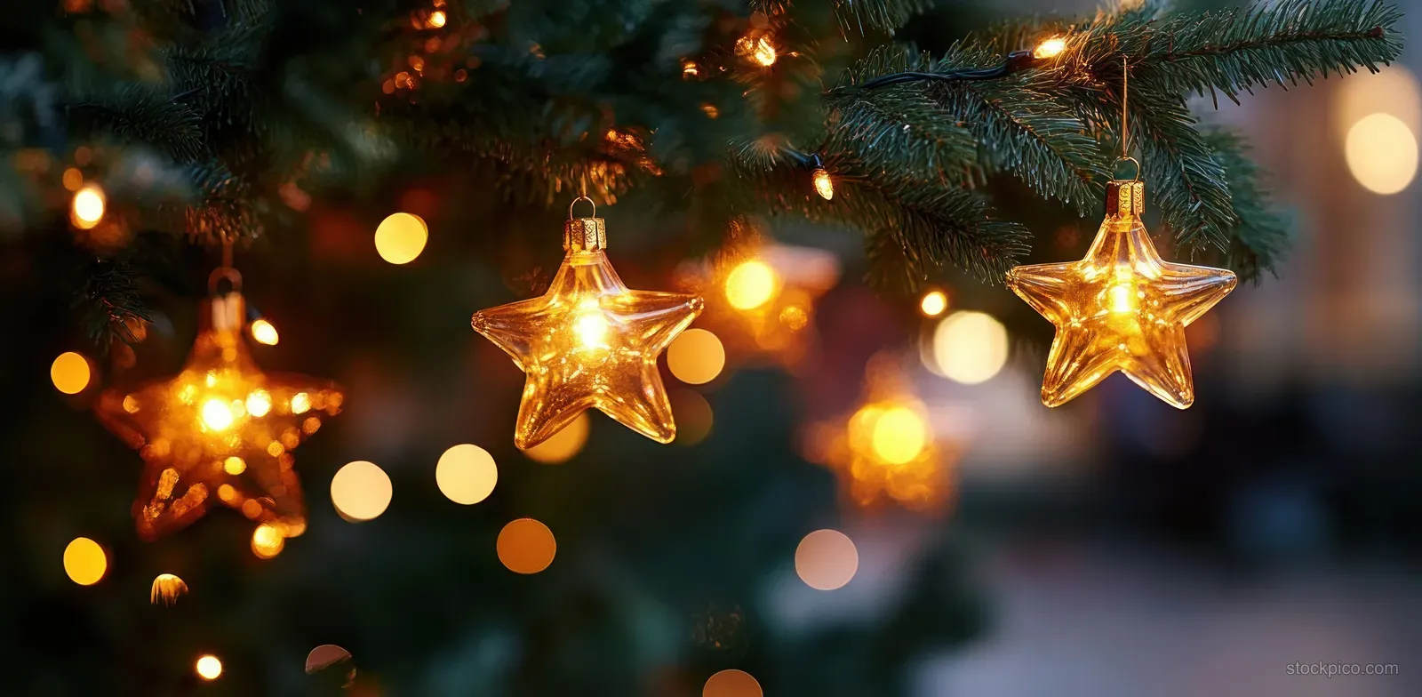 Golden star ornaments and twinkling Christmas tree lights glow against a softly blurred cozy evening background.