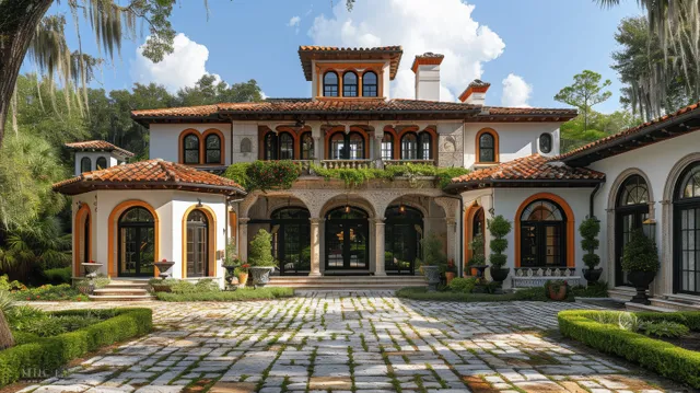 Spanish colonial villa facade in Florida with stucco arches, black windows, stone paver driveway