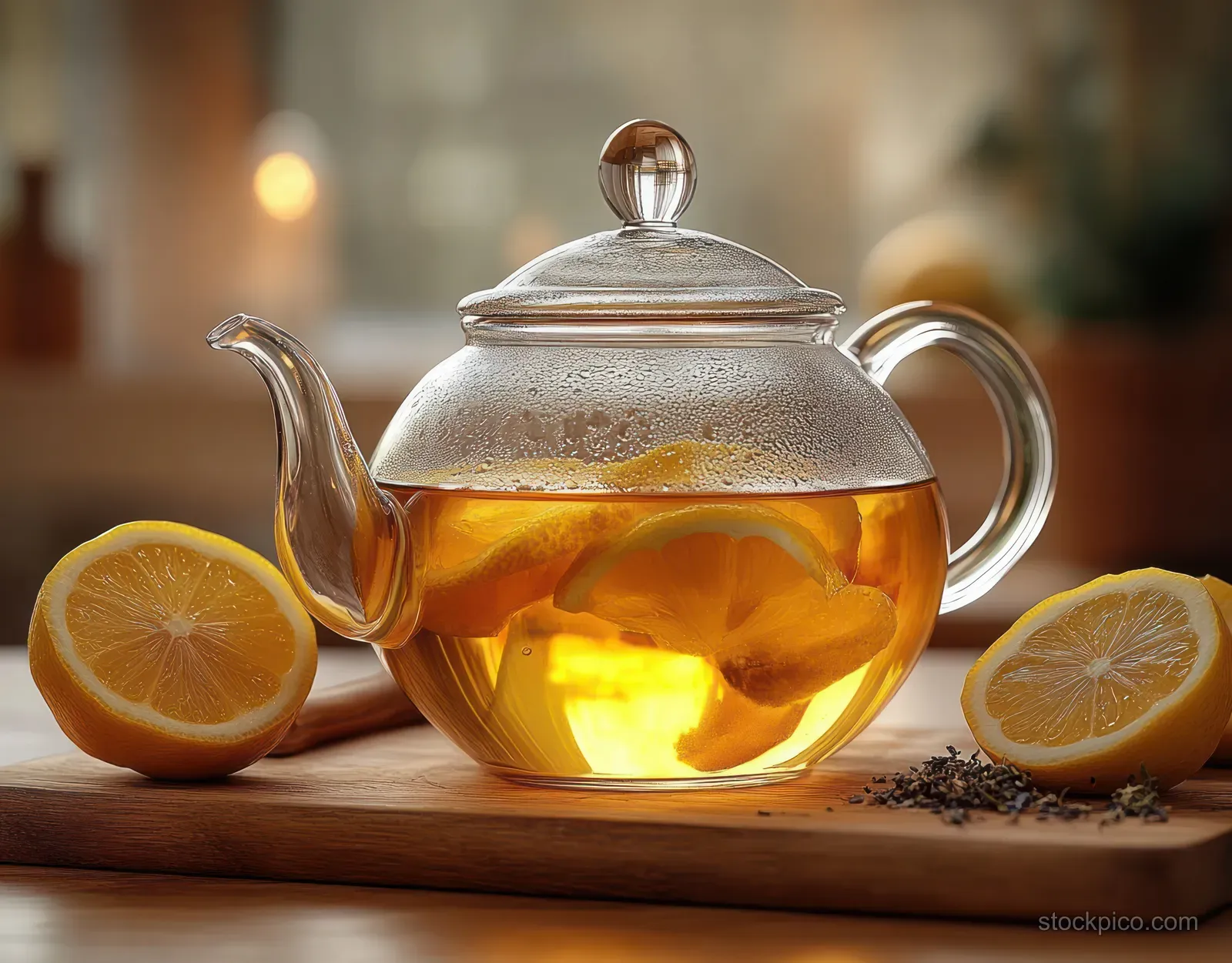 A glass teapot of steaming lemon tea sits on a wooden cutting board with lemon halves nearby.