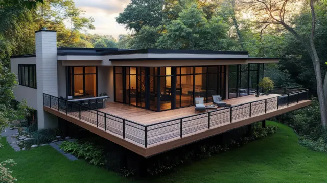 Modern house with expansive wooden deck, floor-to-ceiling windows, sunset glow in a forest