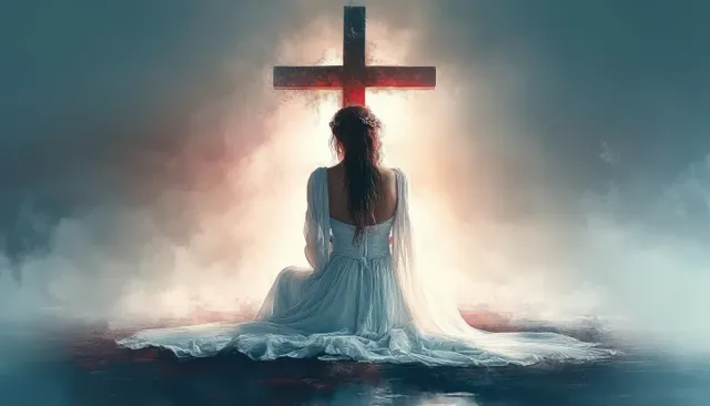 Praying woman kneels before glowing cross in stormy sky, digital watercolor devotion with Hope And Inner Peace