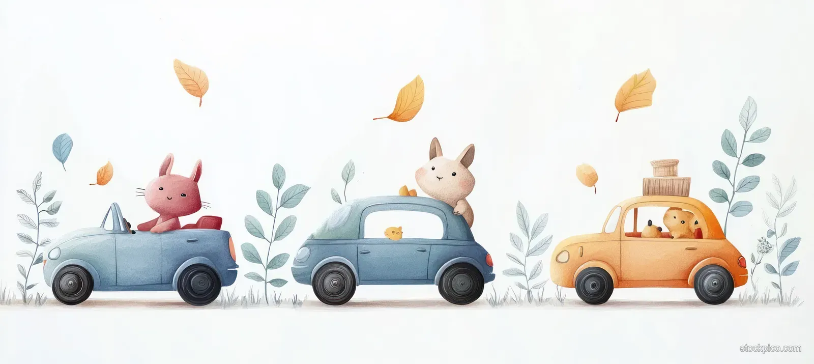 Watercolor scene of rabbit, bunny, and snail in retro toy cars with scattered leaves and light foliage.