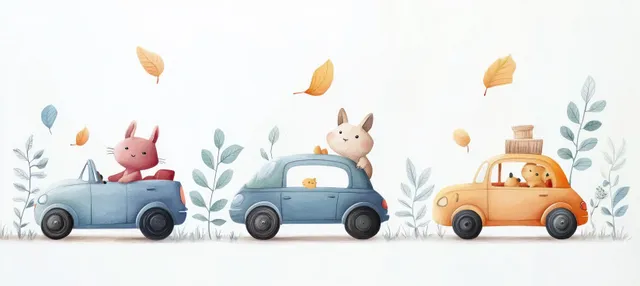 Watercolor scene of rabbit, bunny, and snail in retro toy cars with scattered leaves and light foliage.