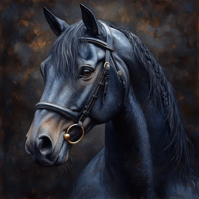 Watercolor painting of a dark horse head with an ornate bridle on a dark black background.