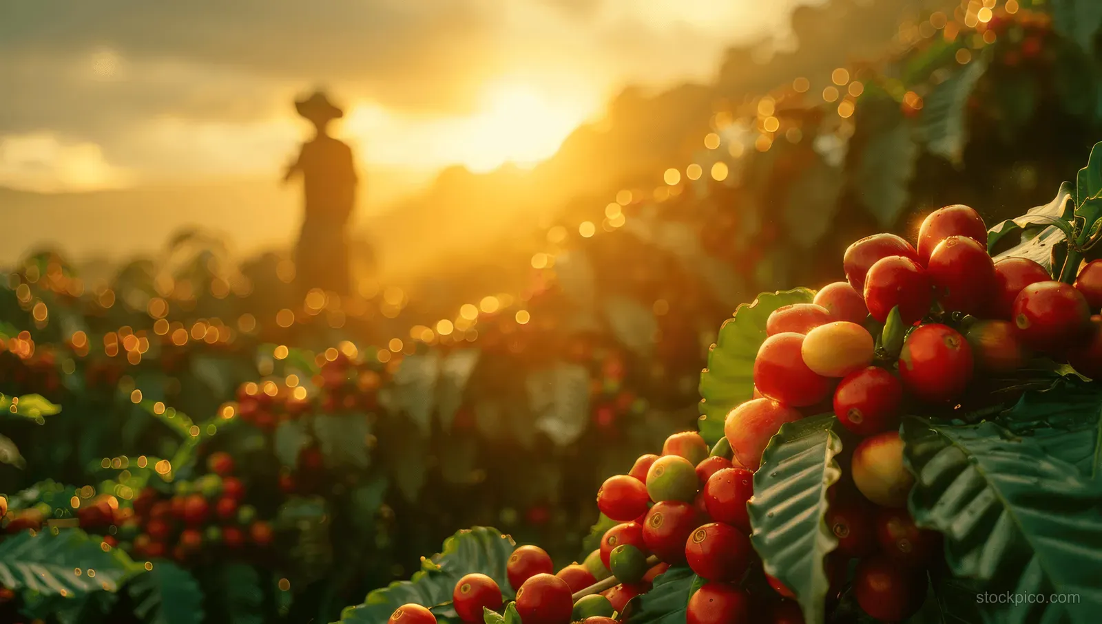 A coffee farm worker harvesting red cherry coffee fruits at sunrise with foggy light and sun rays over green leaves.