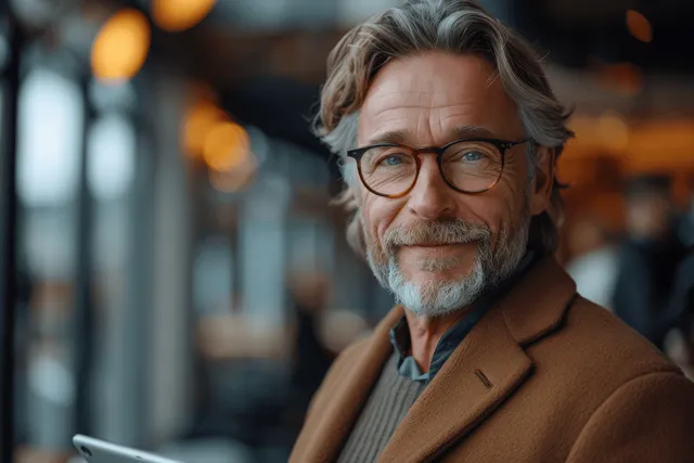 A confident middle-aged business leader smiles while using a digital tablet in a modern office environment.