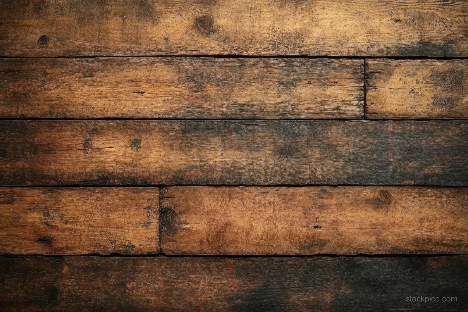 Weathered horizontal wooden planks with warm brown grain, cracks, and natural knots filling the frame.