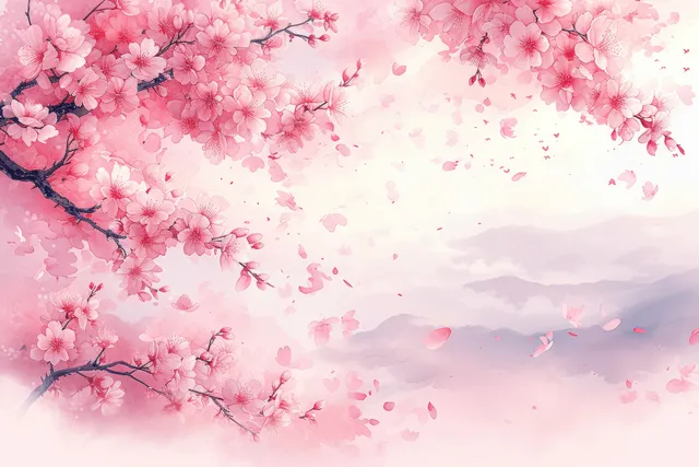 Pink cherry blossom branches hang over a pastel spring sky with petals drifting across the watercolor background.