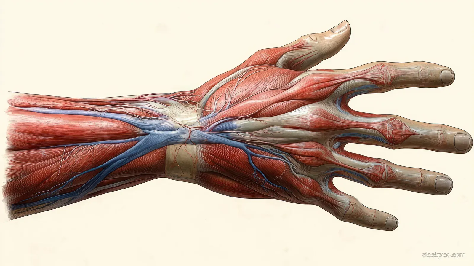 Ventral anatomical illustration of a female hand with visible muscles, arteries, veins, and tendons laid over bones.