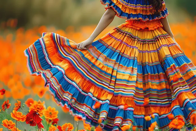 A woman twirling in an orange and blue traditional skirt in a poppy-filled landscape.