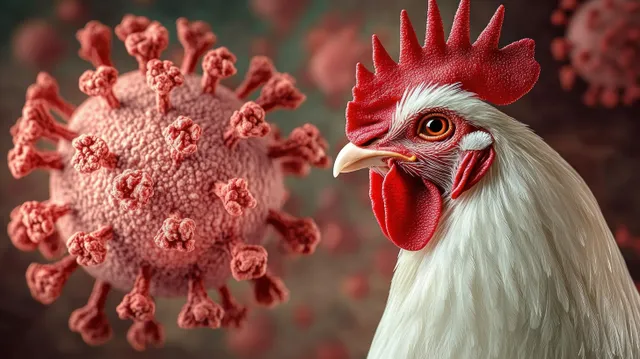 White rooster with red comb sits beside a magnified red virus particle with spike proteins.