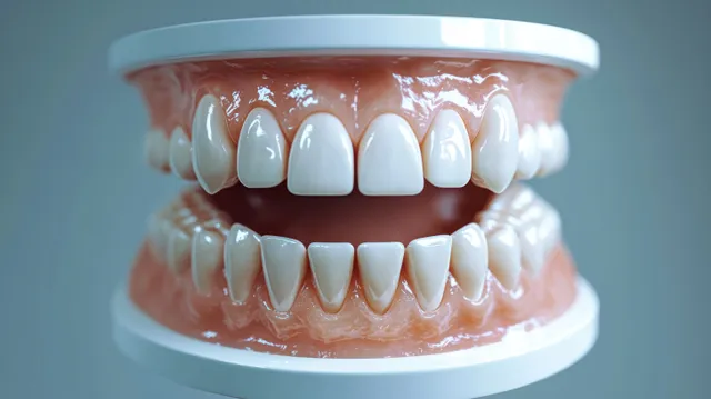 Realistic dental model shows upper and lower teeth with detailed gums and glossy enamel on a white base.
