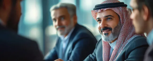 Two businessmen in formal suits talk during a modern office meeting with blurred coworkers in the background.