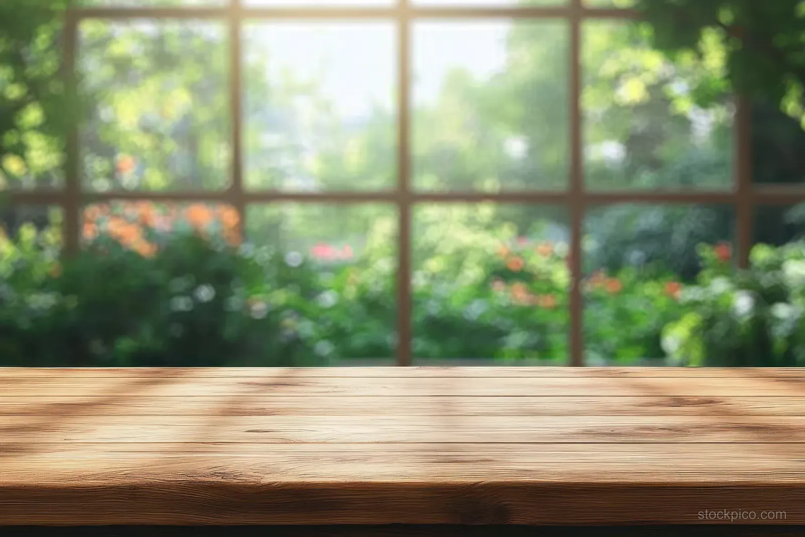 An empty wooden table in front of a large window shows bright green garden and blurred flowers outside.