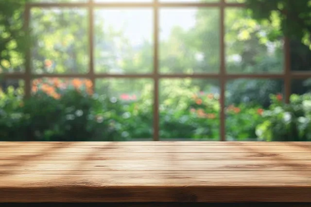 Empty wooden table before large window with bright green garden and blurred flowers