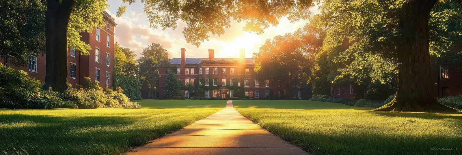 Golden sunlight highlights a garden walkway and manicured lawn leading to a historic red brick building among mature trees.