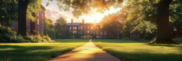 Golden sunlight highlights a garden walkway and manicured lawn leading to a historic red brick building among mature trees.