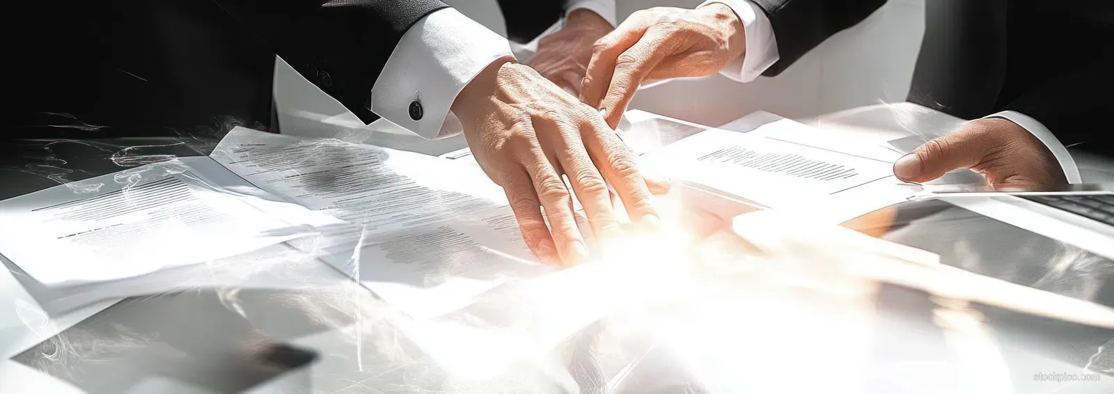 Two businessmen’s hands review and discuss documents on a desk as bright light reflects on the papers.