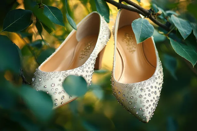 Rhinestone high-heeled shoes hang from green branches, sparkling in warm golden sunlight.