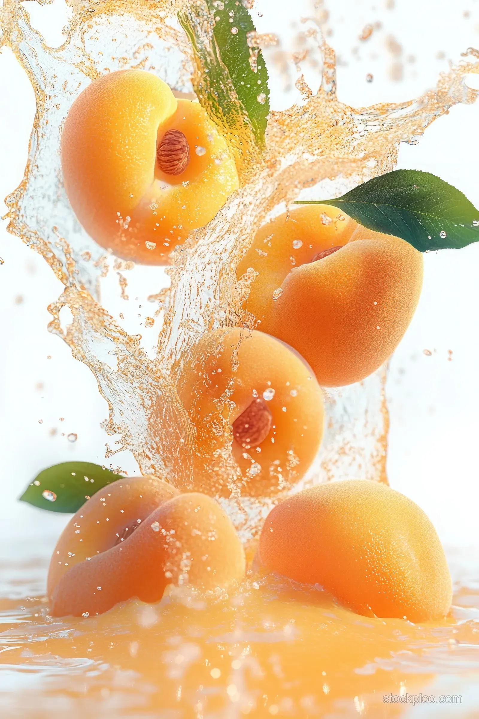 Apricots and green leaves float as golden juice splashes across a clean white background.