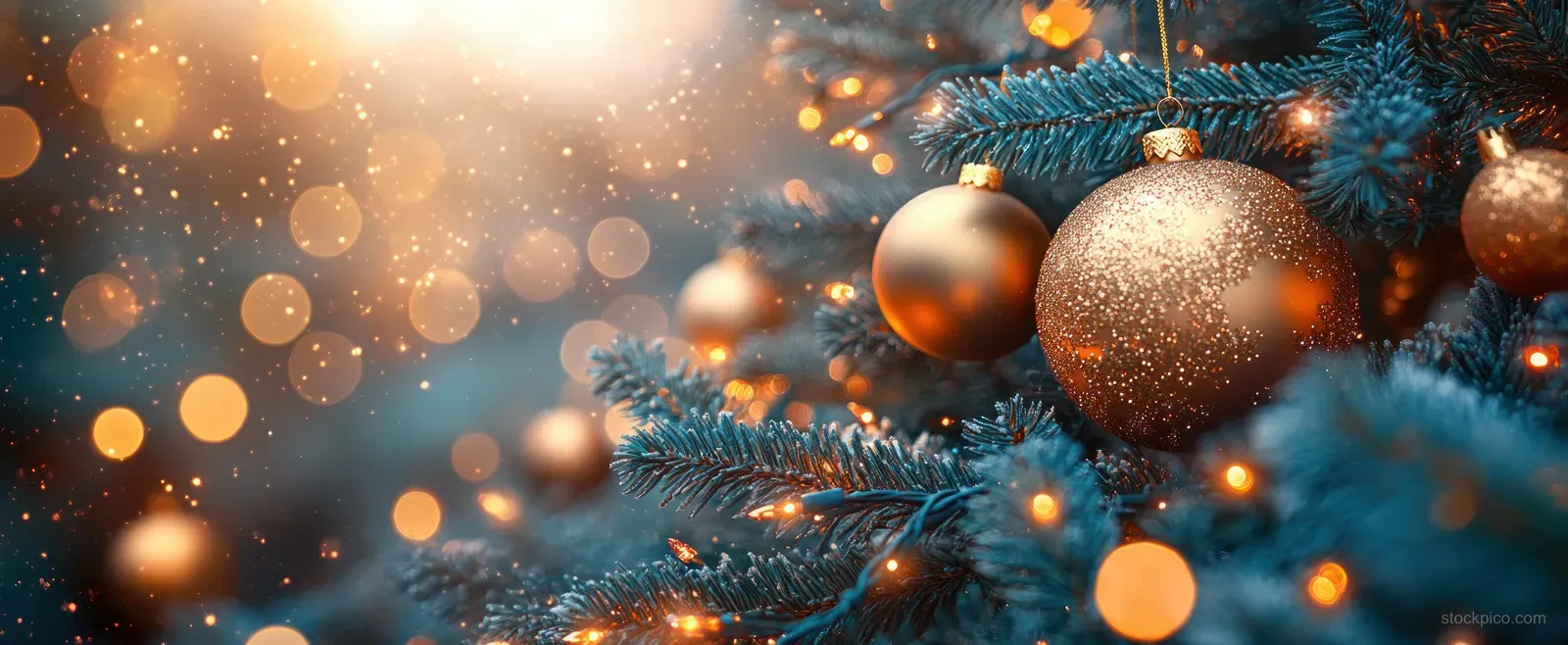 Golden Christmas ornaments on a blue lit tree with soft-focus glowing bokeh lights in the background.